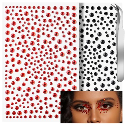 Teenitor Red and Black Face Gems Black Face Rhinestone Makeup Festival Face Jewels Red Stick On Gems, Self-Adhesive Rhinestone Set for Halloween Makeup