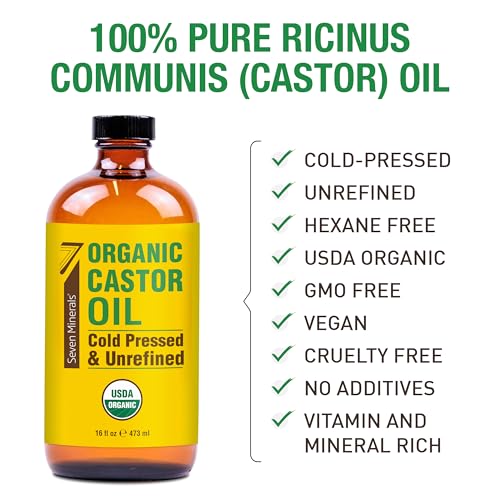 Seven Minerals New 16 fl oz Glass Bottle Castor Oil Organic Cold Pressed Unrefined Glass Bottle Pack - 100% Pure USDA Certified Organic Hexane Free