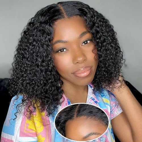 Curly Bob Wigs Human Hair 10 Inch Pre Plucked Pre Cut 5x5 HD Lace Closure Wigs for Black Women Wear and Go Glueless Wig Bob Hair Deep Wave Lace Front Short Curly Wigs 180 Density Natural Black