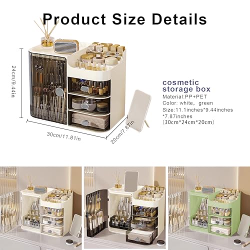 DASITON Makeup Organizer for Vanity,Large Capacity Makeup Storage Organizer with 3-Layer Drawers and Mirror,Cosmetics Display Case Make up Organizers for Vanity,Bedroom,Countertop(Black-Cream)