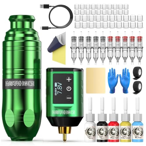 Wormhole Wireless Tattoo Practice Machine Kit Tattoo Pen Kit Complete Tattoo Kit Rechargeable Cordless Tattoo Power Supply Portable 1500mAh with LED Digital Display for Tattooist WTK261