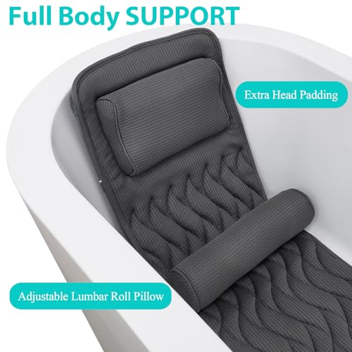 AEROiVi Full Body Bath Pillow with Adjustable Lumbar Roll Pillow Bathtub Cushion with 14 Suction Cups 3D Air Mesh Fit Any Tub Gray Bathroom Accessories