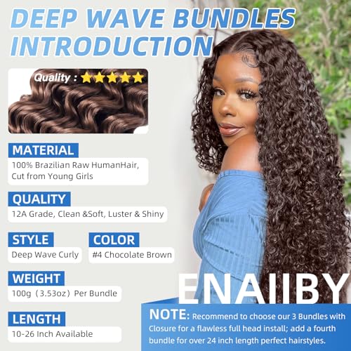 Chocolate Brown Bundles Human Hair 18 20 22 Inch Brazilian Color 4 Deep Wave Bundles Human Hair Unprocessed Breezy Wave Virgin Hair for Black Women with Silky Texture & Quick Weave