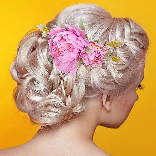 2pcs Silk Flower Hair Clips for Women, 2 in 1 Flower Brooch, Pearl Floral Hair Pins Barrettes for Women Girls Brides Party Wedding Decor Hair Buns Updo Holder Accessories- Pink & Light Pink