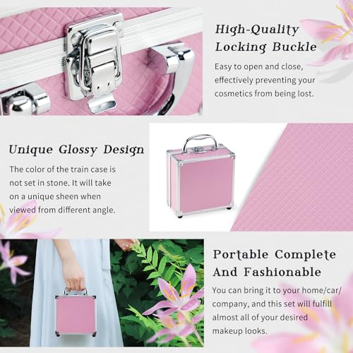 Color Nymph Beginner Makeup Kit For Teens With The Small Cosmetic Train Case Included 24-Colors Eyeshadow Palette Blushes Bronzer Highlighter Lipstick Brushes Mirror(Pink)