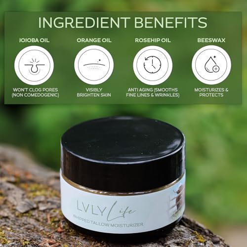 Whipped Beef Tallow Face Moisturizer - Grass Fed Grass Finished Beef- All Organic Ingredients - Natural, Hydrating Balm for Face + Body - Nourish and Soothe Sensitive Skin, 2 oz