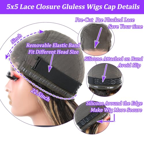 28 Inch Wear and Go Glueless Wigs Human Hair Pre Plucked Pre Cut 5x5 HD Lace Closure Wigs Human Hair Body Wave Wig P4/27 Honey Blonde Ombre Highlight Lace Front Wig 180% Density