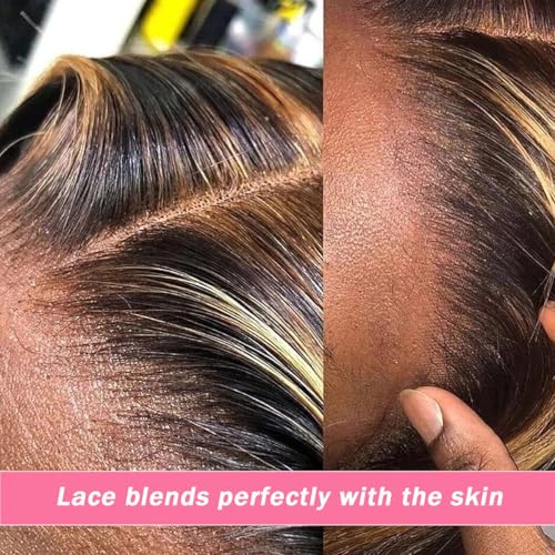 Highlight Ombre Lace Front Wig Human Hair Pre Plucked 13x6 HD Honey Blonde 4/27 Deep Wave Lace Frontal Wigs 200% Density Glueless Colored Wigs for Women Wet and Wavy Lace Front 28 Inch