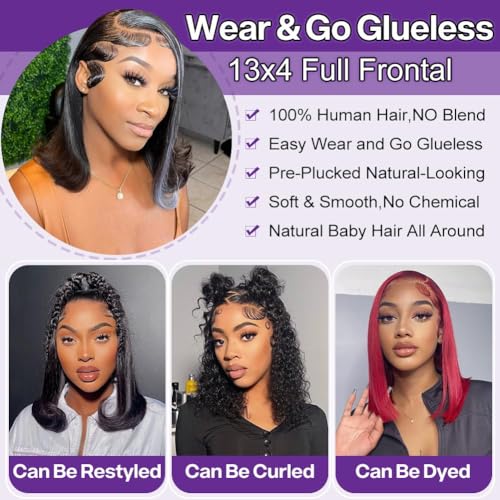 Lace Front Bob Wigs Human Hair, 12 Inch 13x4 HD Lace Glueless Bob Wig Human Hair Short Straight Frontal Bob Wigs for Black Women Human Hair Pre Plucked with Baby Hair Side Part 180% Density