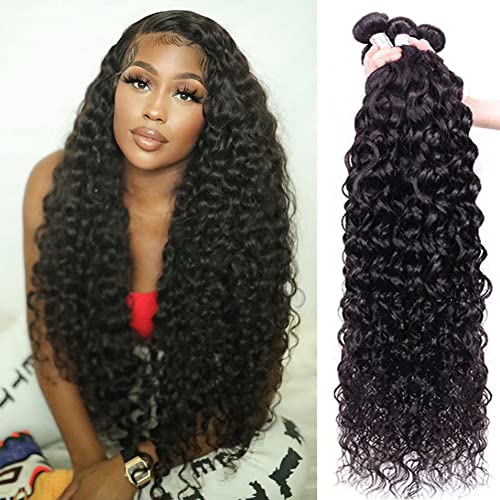 Water Curly Human Hair Bundles Water Wave 4 Bundles (22 24 26 28 Inch) Brazilian Virgin Remy Hair Weave Human Hair Water Wave Bundles Hair Extension Natural Color