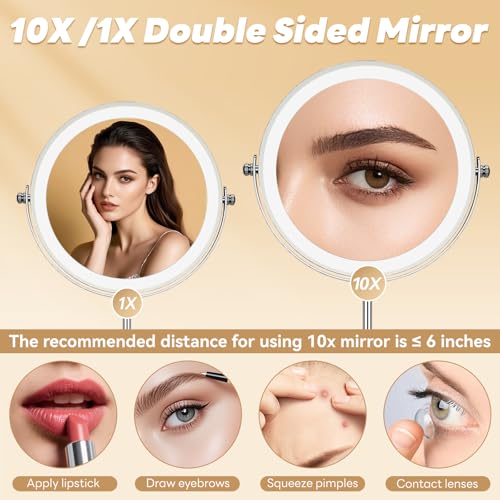 10x/1x Lighted Vanity Makeup Mirror, 2000mAh Rechargeable Height Adjustable Double Sided, Magnifying Mirror with 3 Color Light, Brightness Adjustable, 360¡Æ Rotation, Women Gift