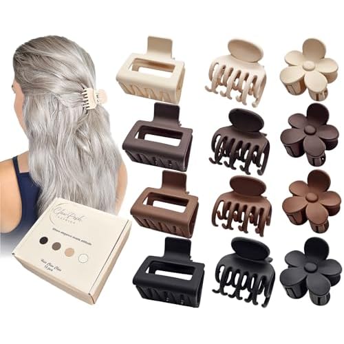 12 Pack- Hair Clips for Women Thin/Medium or Short Hair- Double Row, Rectangle & Flower Small Claw Clips for Girls Thin Hair in Matte Neutral Colors- (Size 2¡± 1.6¡± & 1.5¡±)