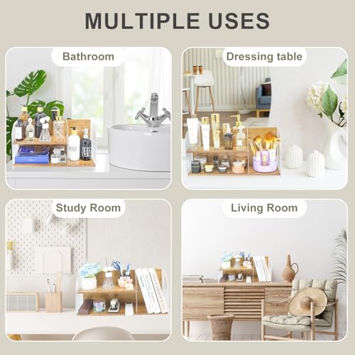 2-Tier Acrylic Makeup Organizer & Skincare Storage Cabinet Countertop Bamboo Desktop Organizer for Cosmetics, Skincare, and Essentials -Brown