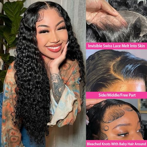 13x4 Deep Wave Lace Front Wigs Human Hair 28 Inch HD Transparent Human Hair Lace Frontal Wigs for Women 200% Density Deep Curly Lace Front Wigs with Baby Hair Pre Plucked Glueless Deep Wave Wig