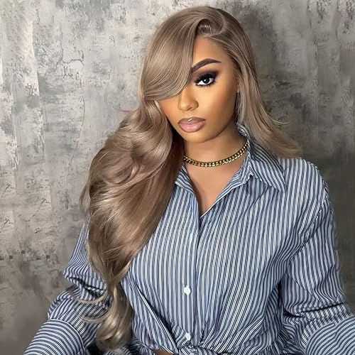 Mocha Brown Blonde 13¡¿4 HD Lace Front Wig Human Hair 180% Density Body Wave Ash Lace Wig Pre Plucked Real Ultra Full Brazilian Virgin Hair Milk Tea Colored Wig for Women 26Inch