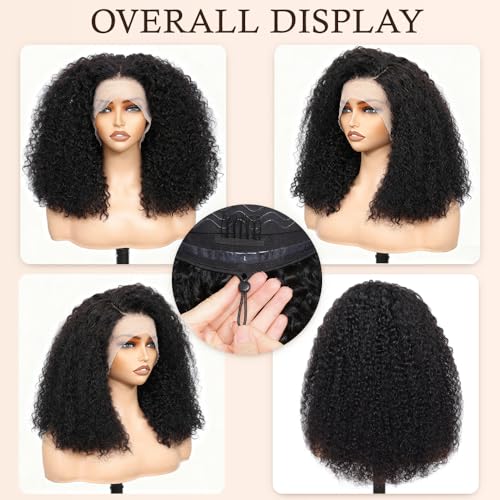 Curly Wig Human Hair 13x6 HD Lace Frontal Wigs 250 Density With Drawstring Deep Wave Lace Front Wigs Human Hair Pre Plucked Virgin Remy Hair 5x Longer Lifespan Natural Black for Women 18 Inch