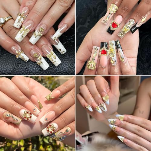 100Pcs Gold Nail Charms and Gems 3D Cross Nail Charms,Gold Rose,Hearts,Dollar,Bow,Cherry and Virgin Mary Nail Rhinestones for Nails Supplies