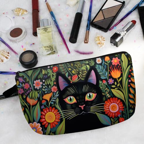 Black Cat Makeup Bag Mexican Folk Art Painting Small Organizer Zipper Pouch Floral Black Cat Kitten Print Cosmetic Bag Present for Women Friends
