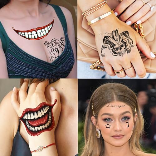 COKTAK 6 Sheets Joker Temporary Tattoos For Men Women Kids Halloween Makeup Kit Cosplay Costume, 3D Halloween Face Tattoos Prison Prisoner Inmate Gothic Rapper, Fake Clown Joker Tattoos Stickers