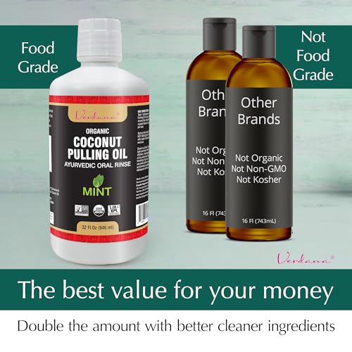 Verdana Organic Oil Pulling for Teeth & Gums ? 32 oz Mint ? USDA Organic Coconut Pulling Oil Rinse ? Alcohol-Free, Fluoride-Free ? Natural Mouthwash for Fresh Breath, Gum Health & Oral Detox