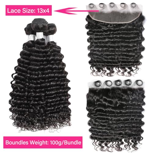 Deep Wave 3 Bundles with Frontal 13x4 Free Part Lace Frontal with Bundles 100% Unprocessed Virgin Human Hair Extensions Natural Color (22 24 26+20)