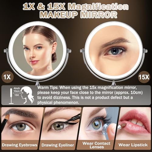 Wall?Mounted LED Makeup Mirror 1¡¿/15¡¿ Magnifying ? USB Rechargeable, 3?Color Touch?Dim Light, 360¡Æ Swivel 8¡± Double Sided, 2000?mAh Battery, Ideal for Hotel & Bathroom