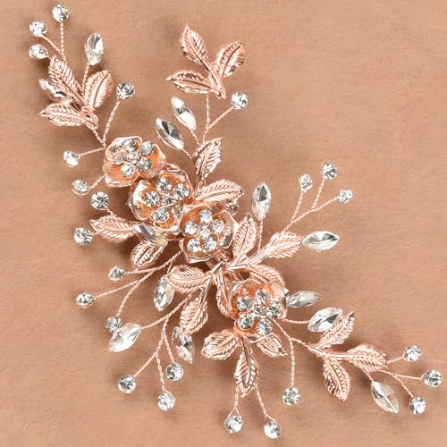 Bridal Hair Accessories Bright Rose Gold Wedding Hair Duckbill Clip for Brides, Handmade Rhinestone Hair Vine Wedding Head Pieces for Women and Bridesmaids Flower Girls