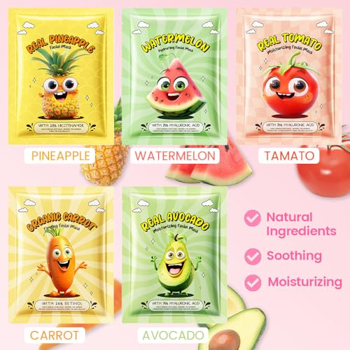 Kaely 10 Pack Fruit Face Masks for Kids, Kids Face Mask Spa Day Kit Supplies, Spa Party Favors for Teens Girls Women, Sheet Facial Mask Skincare Gifts Set, Moisturize Soothe for All Skin Types, 01