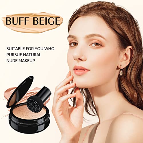 Mushroom Head Air Cushion CC Cream Strong Concealer, Moisturizing BB Cream Makeup Base Primer Even Skin Tone for All Skin Types, Face Makeup Cushion Foundation Long Lasting (Buff Beige)