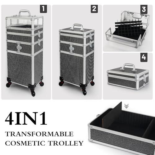 4 in 1 Rolling Makeup Train Case Professional Cosmetic Trolley Cart Travel Nail Cart Organizer with Wheels Transparent Acrylic Panel for Makeup Hair Stylists Nail Tech (Black Crystal)