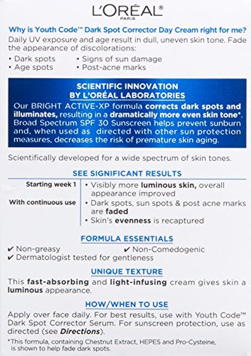 L'Oreal Paris Youth Code Dark Spot Corrector Facial Day Cream SPF 30, 1.7 Ounce