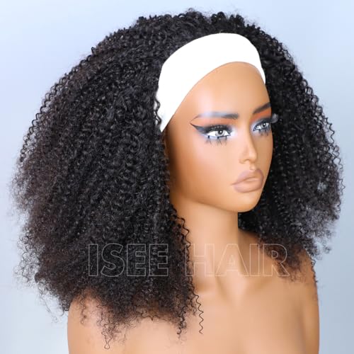 ISEE Half Wig Afro Curly 3 In 1 Glueless Wigs Human Hair Seamless Kinky Curly Flip Over Beginner Friendly Wear & Go Drawstring Band Clip in Wig Human Hair Black Color 14 Inch