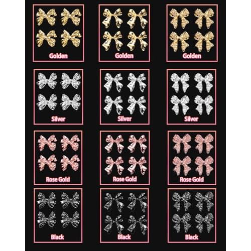 120 Pcs Alloy Bow Nail Charms and Gems, Silver Gold Black Bowknot Metal Nail Art Charms, Shiny Luxury Cute Bow Nail Jewelry for Nails Design Manicure Accessories