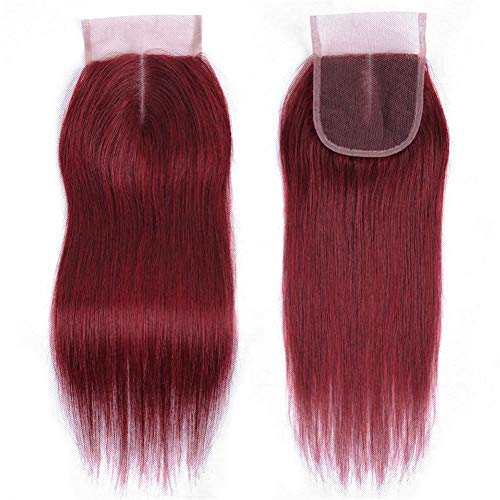 99J Burgundy Hair Bundles With Closure Human Hair, 10A Wine Red Straight Human Hair Bundles With 4x4 Lace Closure Brazilian Virgin Remy Hair Extensions (20 22 24+18)