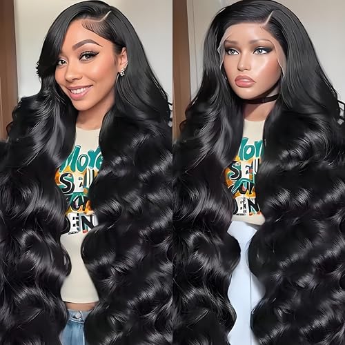 220% Density 13x6 Lace Front Wigs Human Hair 32 Inch Real Human Hair Wig 12A Body Wave HD Lace Frontal Wigs Pre Plucked Virgin Natural Black Human Hair Wig Invisilbe Hairline Tiny Knots for Women