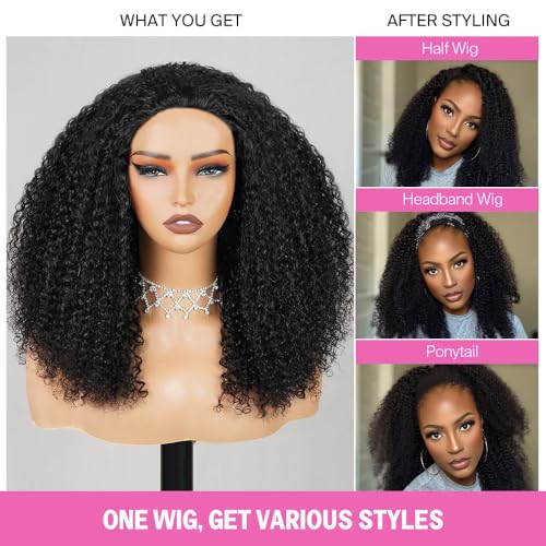 Kinky Curly Half Wig Human Hair Wear Go Glueless Wigs 22 Inch Curly 3 In 1 Half Wigs for Black Women Drawstring Seamless Flip Headband Wig Human Hair Beginner Friendly