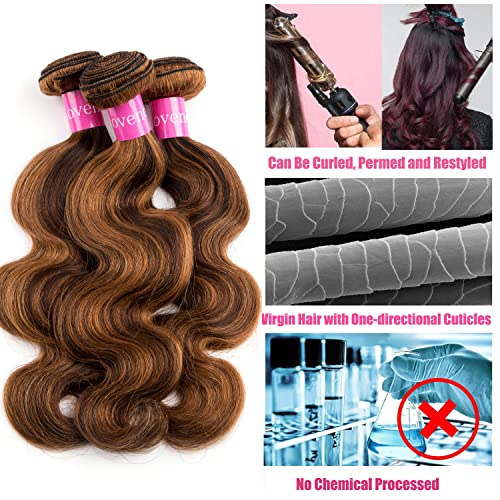 Ombre Body Wave Highlight Bundles with Closure 3 Bundles with 4x4 Lace Closure Free Part Virgin Brazilian Hair Weave (10 12 14+8, P4/27)