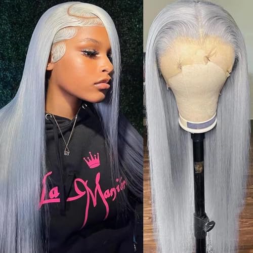 Long 32 Inch Silver Grey Lace Front Wigs Human Hair 13x4 Straight Grey HD Transparent Lace Front Wig Human Hair Wear and Go Glueless Wig Pre Plucked with Babyhair Hd Lace Frontal Wigs For Black Women