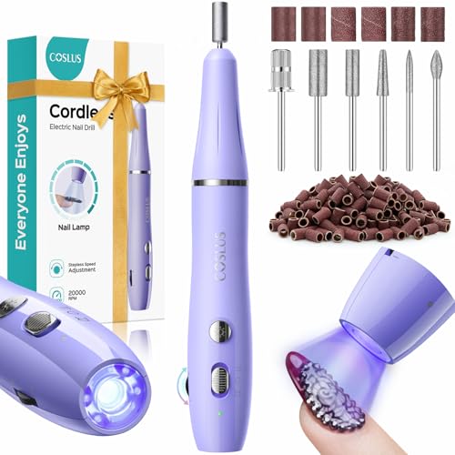 COSLUS Cordless Nail Drill Electric: 2-in-1 Nail File with Flash Cure for Acrylic Gel Dip Powder Nails, Stepless Control for Beginner Home DIY, Portable for Travel, Professional Pedicure Manicure Kit