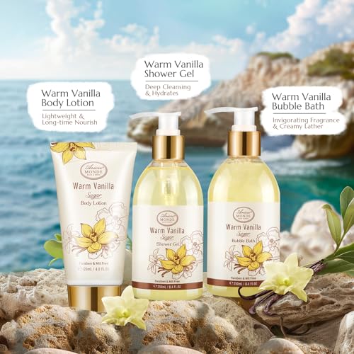 Bath and Body Warm Vanilla Sugar Spa Gifts for Women, with Shower Gel, Bubble Bath, Body Lotion, Bath Bomb, Bath Salt, Spa Basket Gift Set for Women, 7pcs Set Gifts