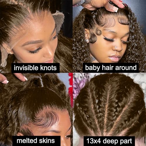 Chocolate Brown 13x4 Lace Front Wigs Human Hair 220 Density Deep Wave HD Lace Front Wigs 4# Curly Glueless Wigs Pre Plucked 13x4 Frontal Human Hair Wigs for Women (24 Inch)