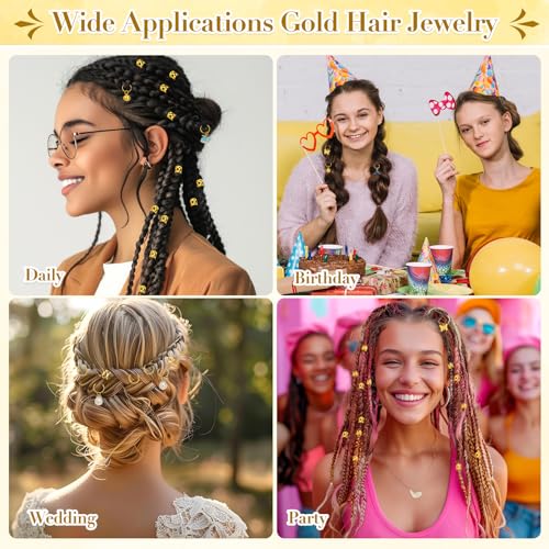 255 PCS Gold Hair Jewelry for Braids, 38 Styles Loc Hair Charms for Women Men, Metal Hair Cuffs Rings Clips for Dreadlock Accessories Hair Braids Jewelry Decorations(Gold)