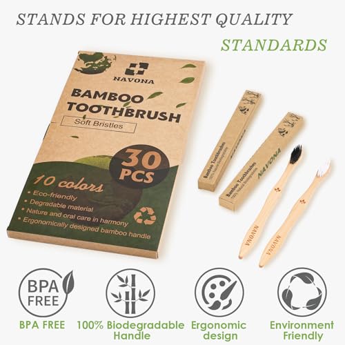 Navona 30 PCS Bamboo Toothbrushes, BPA Free Soft Bristles Toothbrush for Adults, Box of Two Kids Bamboo Toothbrushes Pack, Eco-Friendly Natural Wooden Toothbrush Bulk
