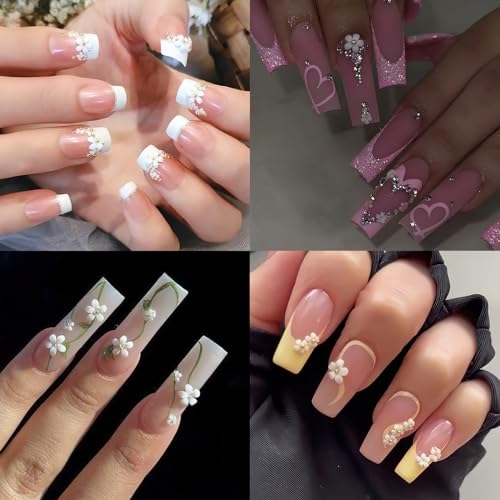 Nail Charms, 1000Pcs 3D Flower, White Acrylic, Metal, Pearl, Mix Sized, Spring Cherry Blossom Gems Design for Women Nail Decorations