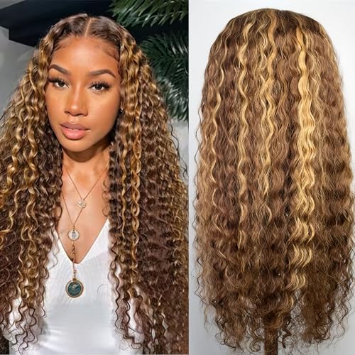 Highlight Ombre 4/27 Human Hair Wear and Go Glueless Deep Wave Curly Wet and Wavy Lace Front Wigs Pre Plucked Pre Cut 5x5 HD Lace Closure Wigs for Black Women 30 Inch