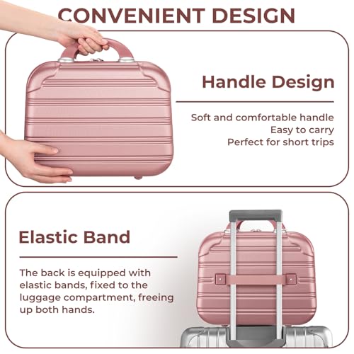 Noverlife 14in Hard Shell Makeup Travel Case, Portable Cosmetic Train Case with Elastic Band, Pressure-proof ABS Carrying Makeup Suitcase, Cosmetic Travel Hand Luggage Bag Organizer - Rose Gold