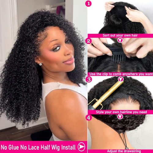 Kinky Curly Half Wig Human Hair Wear Go Glueless Wigs Human Hair 200 Density 3 In 1 Seamless Flip Over Half Wigs Beginner Friendly Kinky Curly Wig Human Hair Drawstring Headband Wig for Women 24 Inch
