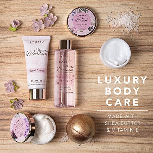 Bath and Body Gift Basket For Women, Cherry Blossom Home Spa Set, Body Lotion, Shower Gel, Extra Large Bath Bomb, Body Butter, Body Scrub, Bath Crystal, Puff & Rose Gold Cosmetic Bag