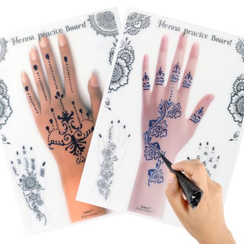 Reusable Henna Tattoo Practice Boards 2 Pack Henna Hand Practice Templates for Homemade Henna, Mehendi Heena Beginner, Aritist for Mehendi Art, 2 skin tones