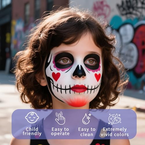Face Painting Kit, Water Activated Face Paint Palette with Stencils, Brushes, Gems for Halloween Makeup, Parties, Carnival, School Event & Festivals (42 Colors)